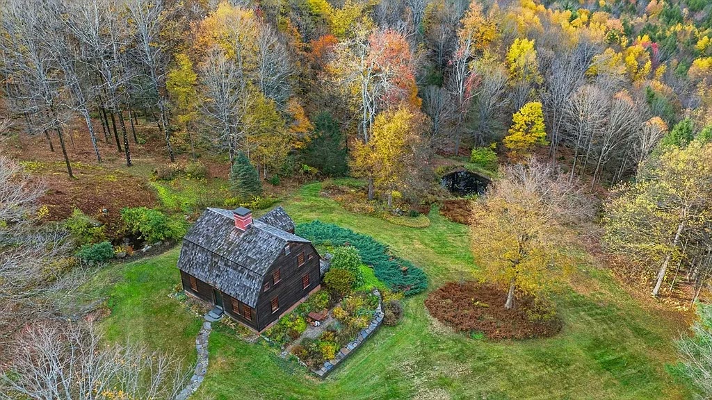 Aerial view showing the pond in the autumn landscape
